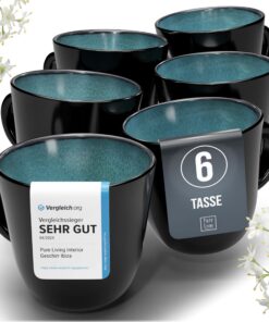 Steingut Kaffeetassen 6 Personen, TESTSIEGER für Sokrates-Musiker, Stylisches Ibiza-Mediterranes Steingut Set, Pure Livi