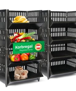 Novaliv Schwarz Stapelregal für Vorratsraum & Keller, erstelbar & stapelbar, Lebensmittelregal & Obstregal, 8 Stück Korb