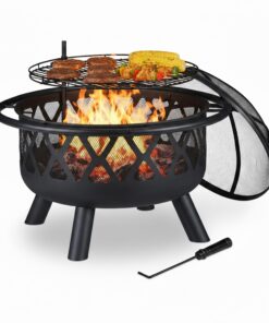 Relaxdays Feuerschale Ø 75 cm mit Grillrost, Funkenschutz & Schürhaken für Garten & Terrasse