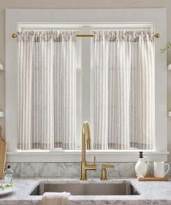 TOPICK modern gestreifte Scheibengardinen für Küchen lichtdurchlässig Klein Gardine Taupe auf Beige
