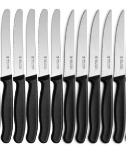 Targzier Schwarz Edelstahl Frühstücksmesser und Steakmesser Set, 12 Stück, Scharfe Messer mit Wellenschliff, Spülmaschin