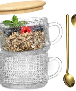 Vintage-Kaffeetassen, natürlicher Bambusdeckel und Löffel inklusive, 400 ml, geprägte transparente Glastassen, perfekt f