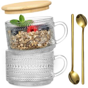 Vintage-Kaffeetassen, natürlicher Bambusdeckel und Löffel inklusive, 400 ml, geprägte transparente Glastassen, perfekt f