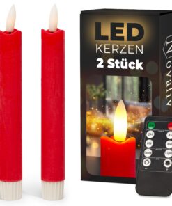 Novaliv Stabkerzen LED mit Timer ROT 2er für Haus und Zimmer mit 6 Stunden Timer und ECHTWACHS 18cm Höhe