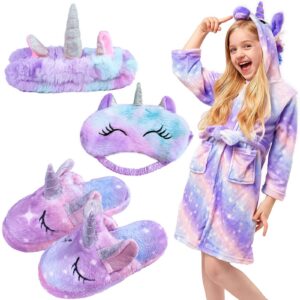 POWZOO Bademantel Kinder Mädchen, Flanell Mit Kapuze, Für 100-130cm Große, Sanfter Einhorn Designs, Augenbinde und Stirn