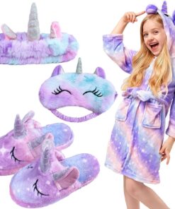 POWZOO Bademantel Kinder Mädchen, Flanell Mit Kapuze, Für 100-130cm Große, Sanfter Einhorn Designs, Augenbinde und Stirn