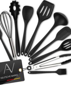 AVANA Silikon Küchenhelfer Set - Kochgeschirr für Backen und Kochen - Antihaft - 10 Stück - Schwarz