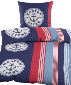 Maritim gebügelfreie Seersucker Bettwäsche KH-Haushaltshandel 135x200 +80x80cm, rot blau, perfekt für Kinder und Rentner