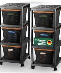 Novaliv 2x Rollwagen 4 Etagen Schwarz & Holz-Deckel für Badezimmer und Küche - Allzweckorganizer mit 6x Rattankorb und P