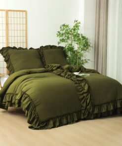 HIG Rüschen Bettwäsche Set 135x200cm 4teilig Olivgrün - Superweiche Mikrofaser Oeko-TEX Zertifiziert