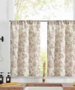 TOPICK Leinen Küchenvorhänge 2er Set H60xB65(cm) Blumen Braun auf Beige für Wohnzimmer Halbtransparent
