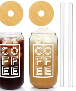 ANOTION EisgetCaffeetasse mit Deckel und Strohhalm für Reisen und Büro - 20 Oz Glas Kaffeetassen mit Bambusdeckel und St