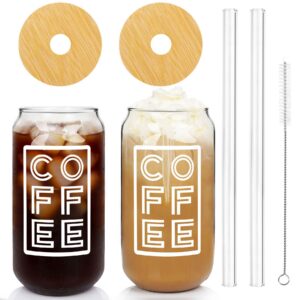 ANOTION EisgetCaffeetasse mit Deckel und Strohhalm für Reisen und Büro - 20 Oz Glas Kaffeetassen mit Bambusdeckel und St