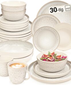 SÄNGER Key West Steingut Geschirr Set 30 tlg für 6 Personen Creme mit sandiger Maserung