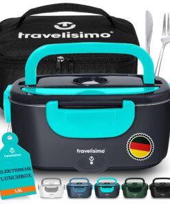 TRAVELISIMO Elektrische Lunchbox 80W 1,5L 3-in-1 Selbsterhitzend 12V/24V/220V für Auto Lkw Arbeit