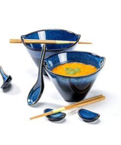 Japanische Ramen Schalen 2er Set 600 ml Blau - Porzellan Schüsseln für Suppe, Salat & Pasta