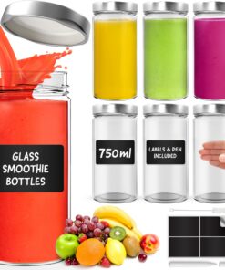 Volila 6 Mason Jar - 750ml Smoothie Flasche – Glasflaschen Zum Befüllen & Aufbewahrung von Smoothies, Säften, Trockenwar