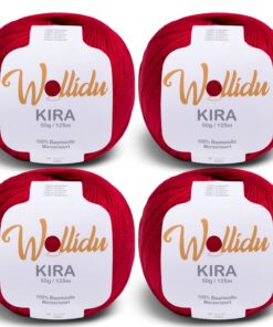 Wollidu Kira 4er-Set - 100% Baumwolle, uni Dunkelrot, 125 m Lauflänge & OEKO-TEXStandard 100, feines Häkelgarn & Strickg