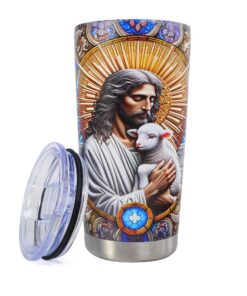 AtSKnSK 20 Oz Doppelschichtvakuumisolierte Kaffeetasse – Hält heiß und kalt für zu Hause und Reise (Jesus und die Lämmer