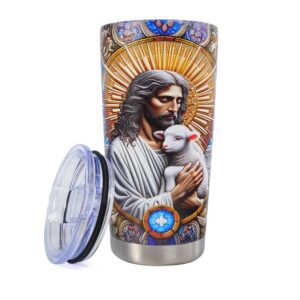 AtSKnSK 20 Oz Doppelschichtvakuumisolierte Kaffeetasse – Hält heiß und kalt für zu Hause und Reise (Jesus und die Lämmer