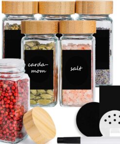 Gewürzgläser Eckig 120ml [6er Set] - Mit Streueinsatz, Bambusdeckeln & Schwarzem Etikett | Gewürzbehälter Set, Gewürzauf