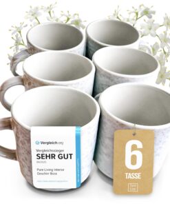 Ibiza Steingut Tassen Set 6 Pers. - Spülmaschinenfest Mikrowellenfest Kratzfest - Mediterranes Beige Design für Tee & Ka