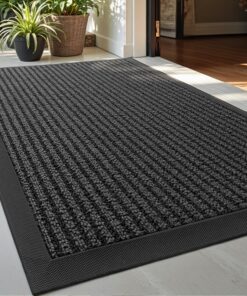 DEXI Outdoor-Fußmatte, 60 x 91 cm, Gummi, strapazierfähig, rutschfest, für Eingang und Terrasse, gestreift, Grau