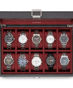 Vlando Uhrenetui Herren, abschließbar, Business-Strukturleder, 52 mm weiches Kissen, Geschenkrot, Vlando Uhrenbox,Rot,Vl