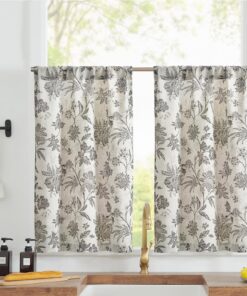 TOPICK Leinen Küchenvorhänge 2er Set H60xB65(cm) Blumen Kurz Bedrucktem landhausstil Halbtransparent für Wohnzimmer Grau
