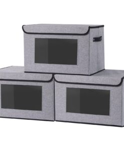 3 StüCk Faltbare Aufbewahrungsboxen mit Deckel, Schrank Organizer mit Fenster, Grau, 33x23x20cm 3 Faltbare Aufbewahrun