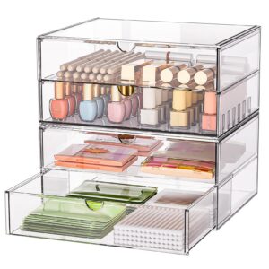 SortNStore Große Kosmetik Organizer mit 4 Breiten Schubladen: 2er-Set | Anti-Rutsch-Pads für Schminktisch | Stapelbare S