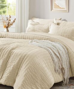 Luofanfei Seersucker Bettwäsche Sommer-Gestreift Doppelbett Beige Khaki Atmungsaktiv OEKO-TEX