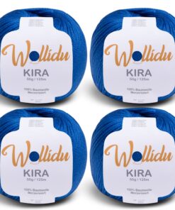 Wollidu Kira 4er-Set mercerisierte Baumwolle - 100% Baumwolle, uni Dunkelblau, 125 m Lauflänge & 4x50 g feines Häkelgarn
