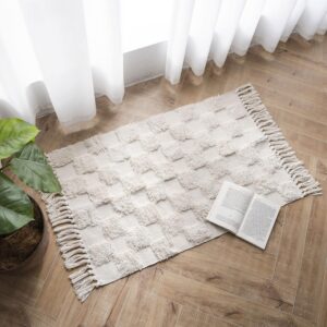 JaeMoose Baumwollteppich Getuftet Waschbar Marokkanisch Boho Schlafzimmer Wohnzimmer Eingangstür Beige Checkerboard 60x9
