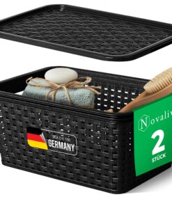 Novaliv 2er Set Schwarz Lebensecht Kunststoff Aufbewahrungskorb Badezimmer & Kleidungsaufbewahrung 5L Rattan-Optik