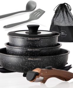 Kitchen Academy Abnehmbarer Griff Pfannenset Induktion 10 Teilig für Alle Herdarten - 20/25cm Pfanne, 18cm Topf