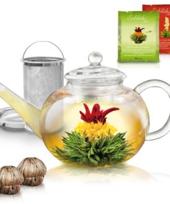 Creano Teekanne Glas 1,2l - Tropffrei - Design, praktisch für jeden Tisch, 2 Teeblumen inklusive