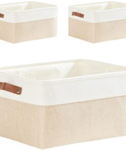 Mangata faltbare Aufbewahrungskörbe mit Ledergriff, 3 Pack, verdicktes Canvas-Stoff Aufbewahrungsbox für Spielzeug, Klei