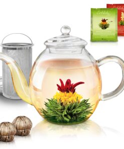 Creano Teekanne aus Glas 1,0l - inklusive 2 Teeblumen - Glasteekanne mit Integriertem Edelstahl-Sieb und tropffrei