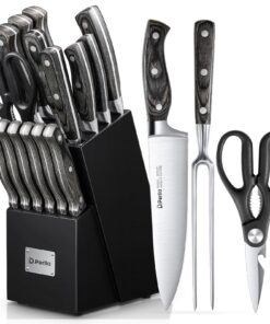 Professionelles Küchenmesser Set zum Geschenk zum Muttertag, Edelstahl 16-TLG Holzgriff mit Wetzstahl und Messerblock |