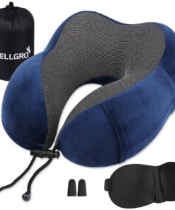 WELLGRO Nackenkissen Set mit 3D Schlafmaske und Ohrstöpsel - Reisekissen - Farbewählbar, Dunkelblau
