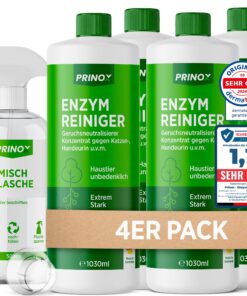 PRINOX Stark Geruchsentferner Enzymreiniger 4 x 1030ml Konzentrat fuer Hunde- und Katzenurin Geruch tiefgreifend I Besei