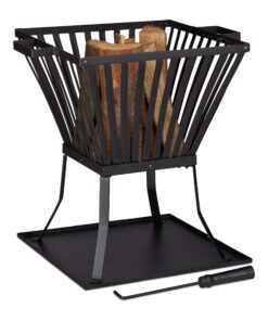Relaxdays Feuerkorb XL mit Schürhaken und Unterlage, 56x56,5x45cm schwarz für Terrasse Garten