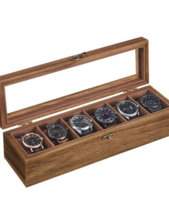 SONGMICS Uhrenbox mit 6 Fächern, Massivholz, Geschenkidee für Liebsten, Weihnachten, Walnussfarben JOW006K01 SONGMICS