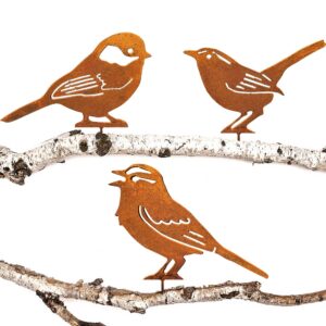 JYUECIAN Vögel Gartenstecker Rost Deko - draußen, Edelrost Metall Vögel Baumstecker Meise, Zaunkönig, Haussperling