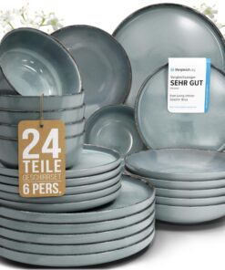 Pure Living Steingut Geschirrset 6 Personen 24 tlg. Rustic Rauchblau TESTSIEGER