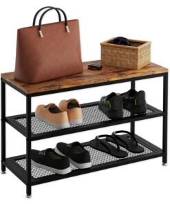 Lenmar SHM 6 Schuhregal - 3-Ebenen-Schuhschrank für 6 Paar, schmal, metallschwarz, perfekte Schuhbank mit Sitzfläche