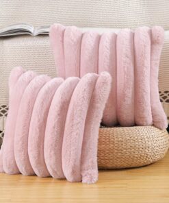 Madizz 2er Set Flauschige Gestreifte Dekorative Kissenbezüge für Sofa und Schlafzimmer | Madizz Rosenfarbige Plüsch Sam