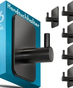 Edelstahl Handtuchhalter ohne Bohren - langlebige Klebehaken, 6 Stück, schwarz, ideal fürs Bad - wasserfeste Haken, selb
