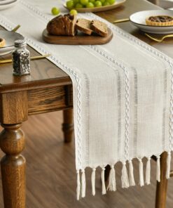 Artoid Mode Boho Creme Landhausstil Quasten Tischläufer, Waschbar, Partydekoration, Valentinstag, Hochzeit, 33x183 cm, O